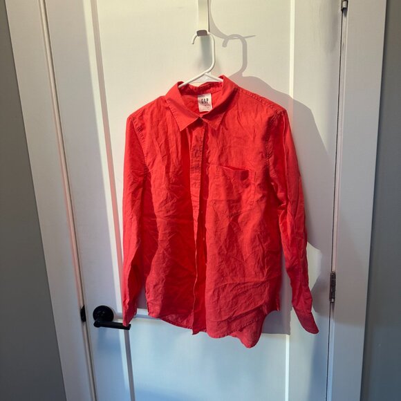 GAP Linen-Blend Easy Shirt Small Coral Pink Button Down - Picture 2 of 6